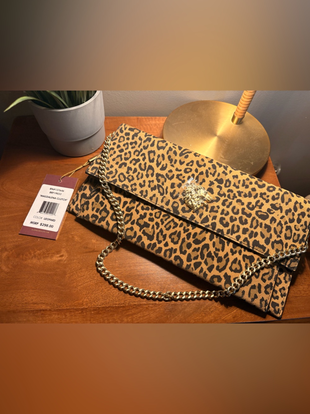 Bruno Magli Leopard Print Magdalena Clutch Bag with Gold Lion Accent